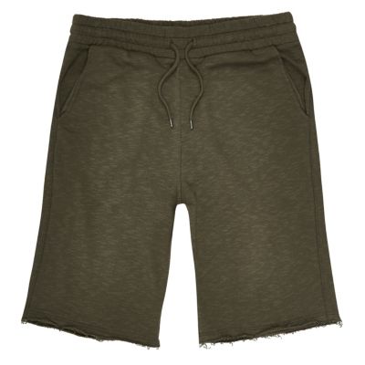 Dark green slub cotton shorts